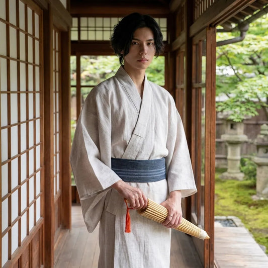 Weißer Kimono für Herren in klarer Vorderansicht mit weiten Ärmeln