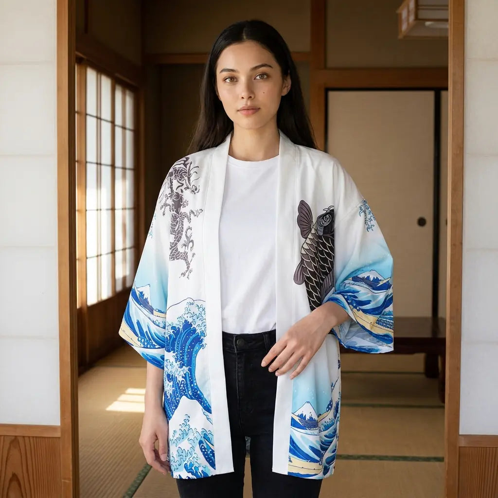 Kimono-Jacke mit Koi und Welle von Kanagawa von vorne, Wellenmotiv über die Vorderteile