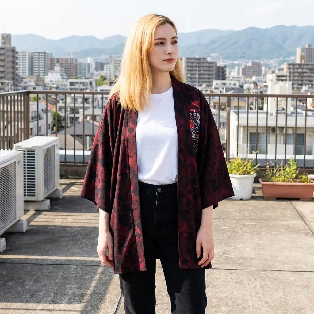 Offen getragene Wolf-Rüstung-Haori-Jacke für Damen, fotografiert auf einer Dachterrasse