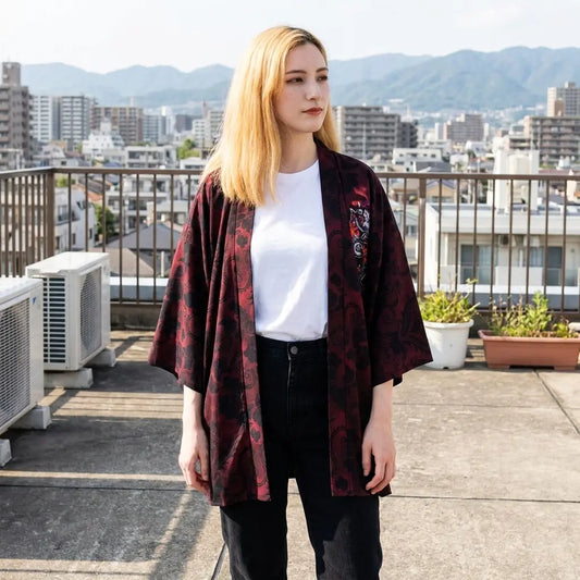 Offen getragene Wolf-Rüstung-Haori-Jacke für Damen, fotografiert auf einer Dachterrasse
