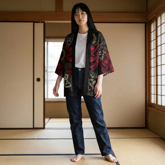 Frau trägt Yokai Kimono Haori Jacke in einem Raum mit Tatami und Shoji Schiebetüren