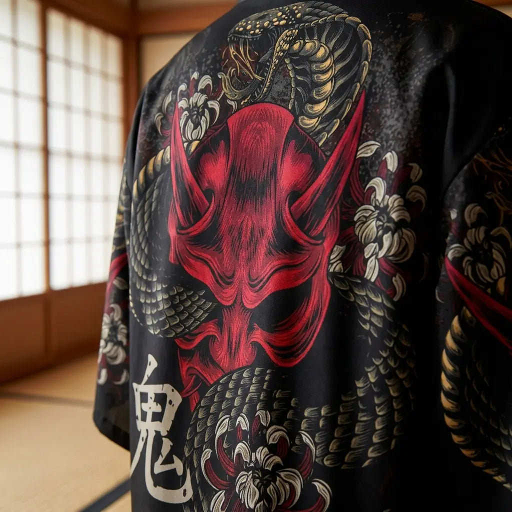 Detailaufnahme des Rückendrucks der Yokai Kimono Haori Jacke