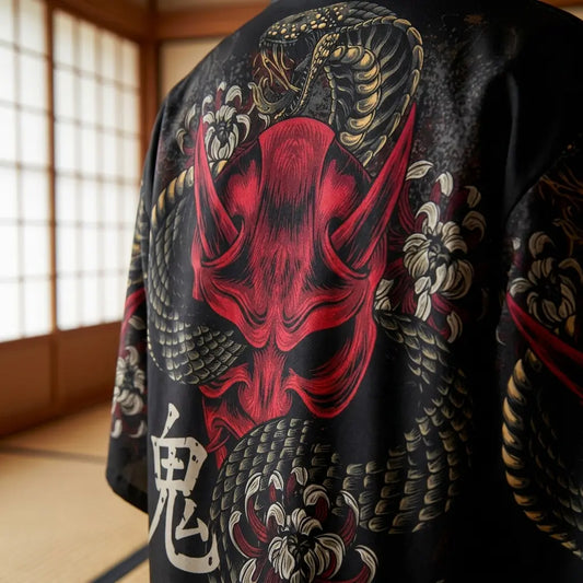 Detailaufnahme des Rückendrucks der Yokai Kimono Haori Jacke