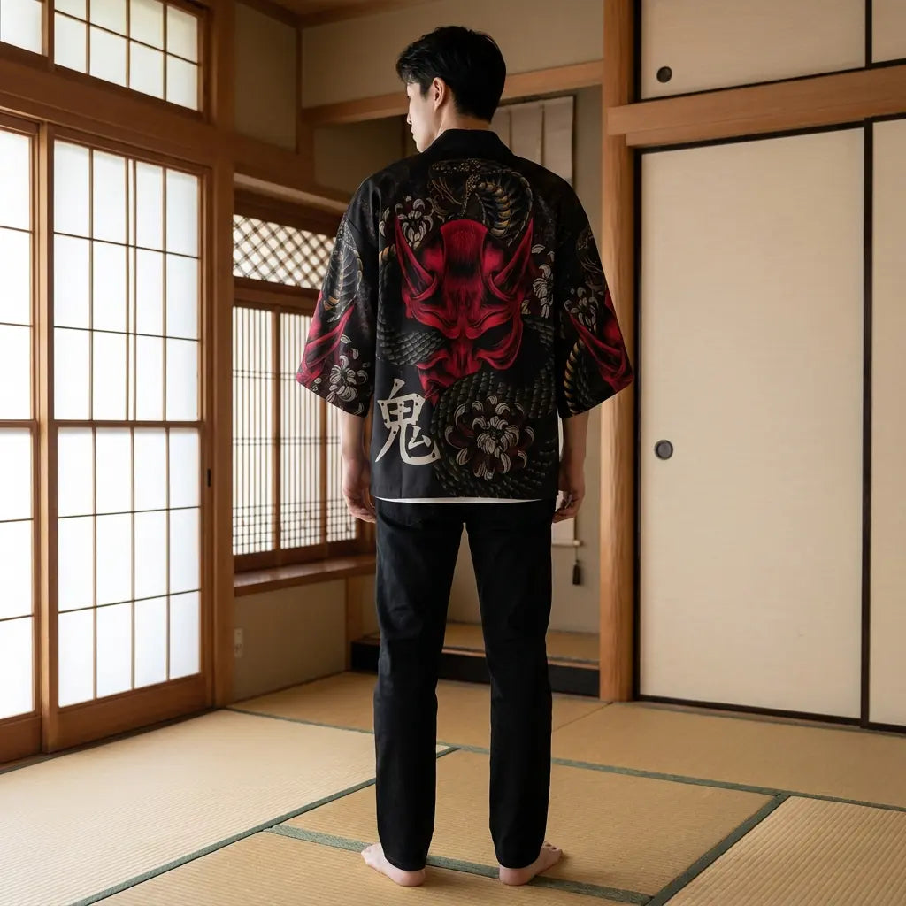 Rückenansicht der Yokai Kimono Haori Jacke mit vollständigem Oni-Dämon Design