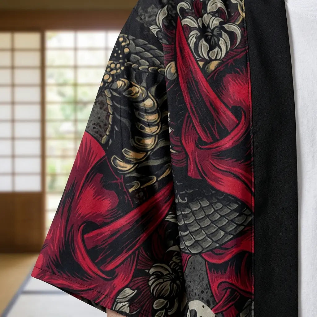 Nahaufnahme von Stoff und Ärmel der Yokai Kimono Haori Jacke