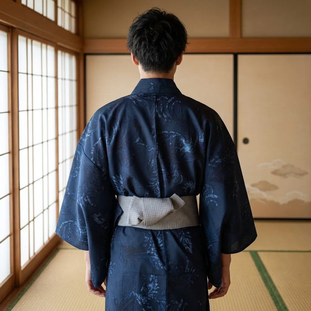 Rückansicht der dunklen Yukata Herren Robe mit gerader Form