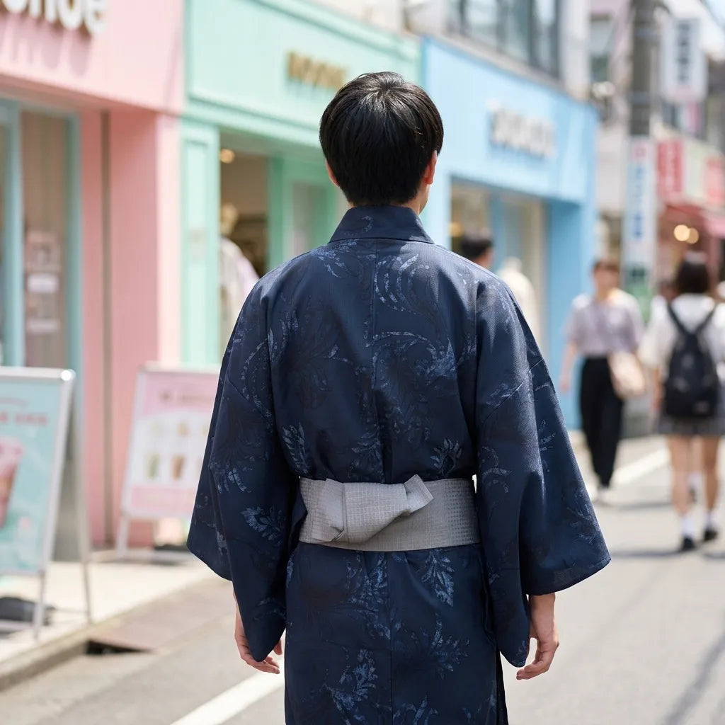 Herren Yukata Robe Rückenansicht mit traditioneller Silhouette