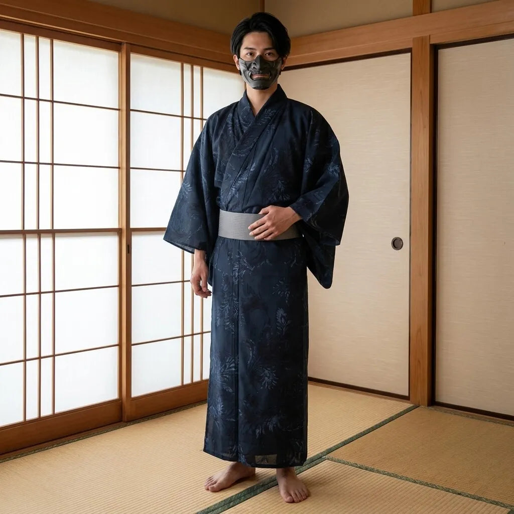 Dunkle Yukata Herren Robe Vorderansicht mit weiten Ärmeln