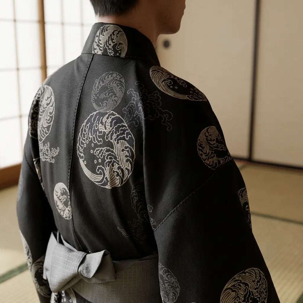 Rückansicht des Herren Yukata mit dunklem Muster und weiten Ärmeln