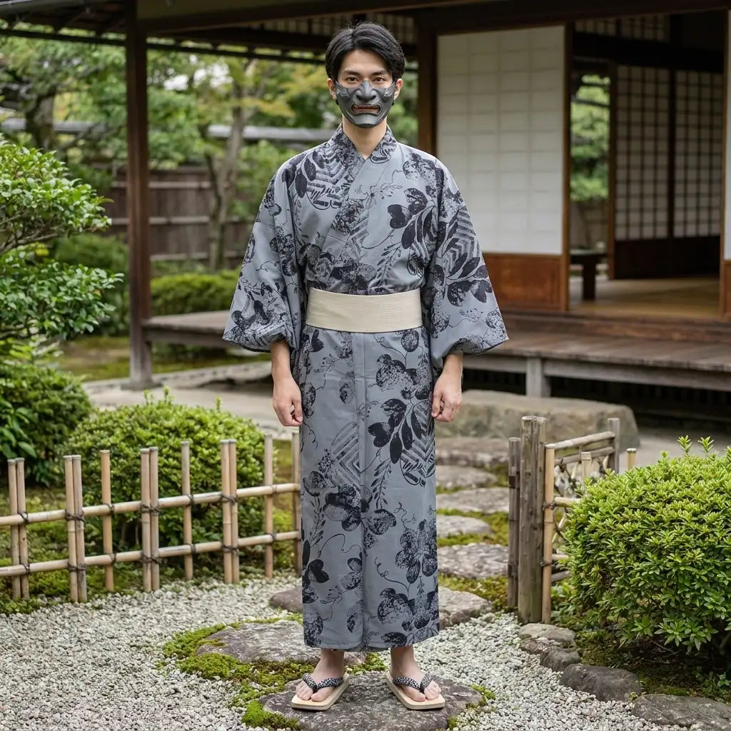 Detailansicht des botanischen Musters am Herren-Yukata Ryokan
