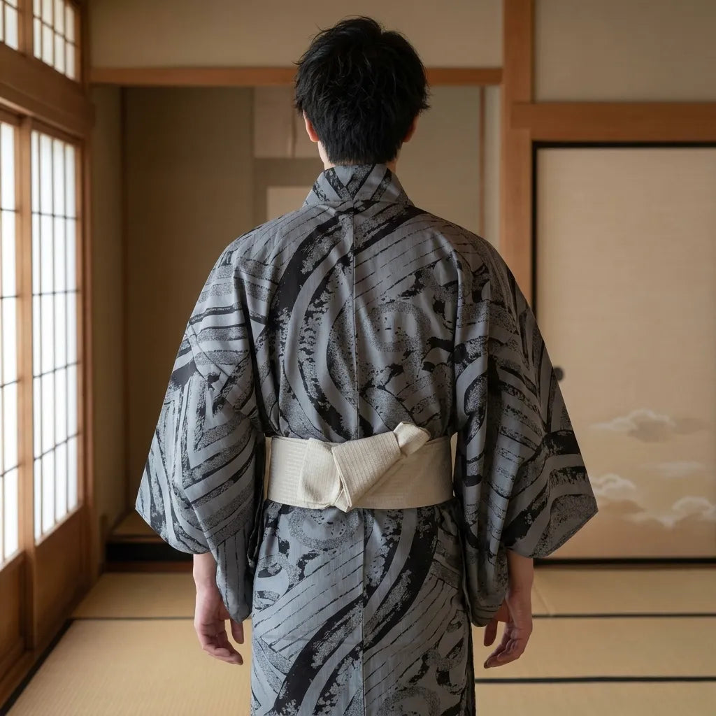 Rückenansicht des grau-blauen Herren-Yukata mit botanischem Druckmuster