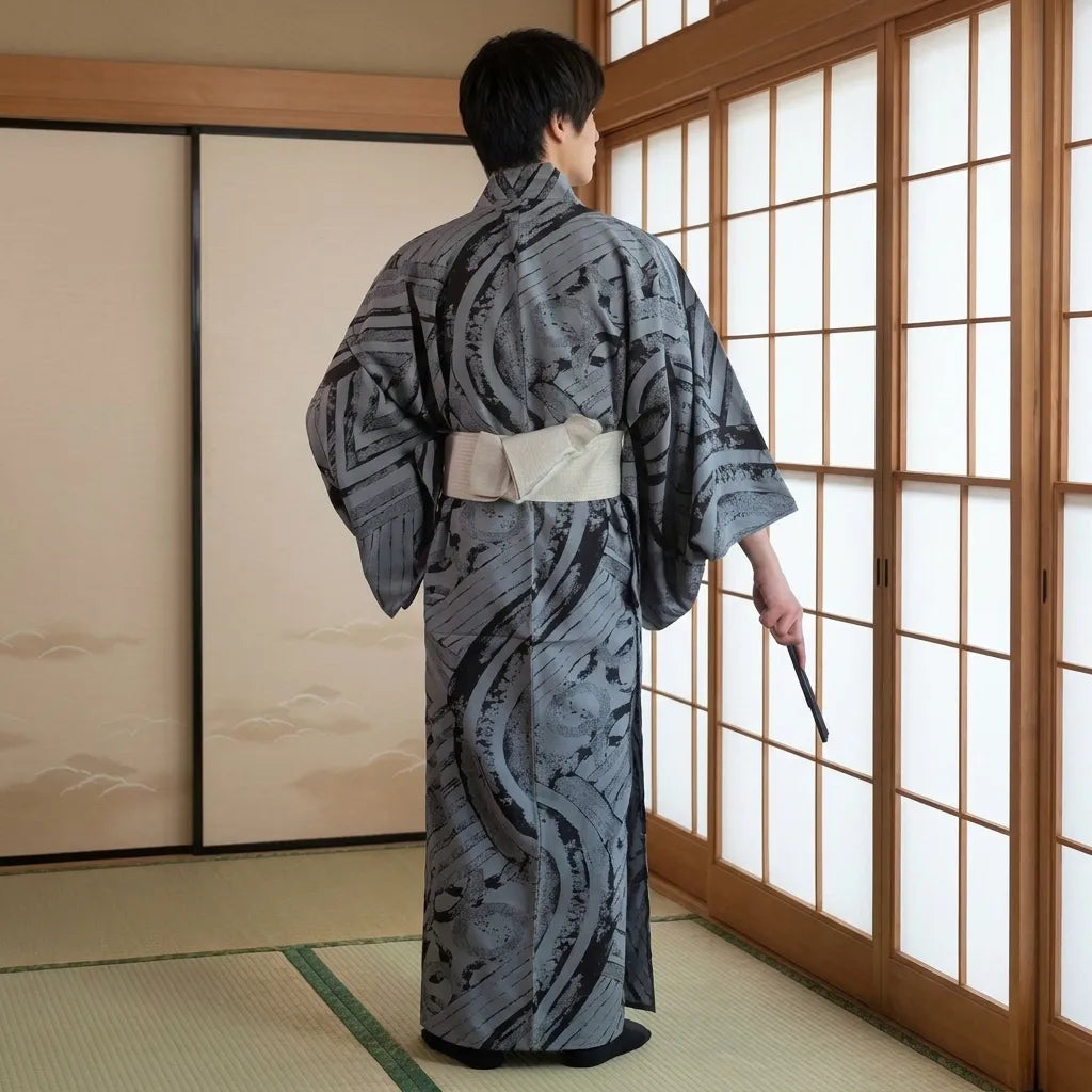 Rückenansicht des Yukata mit schlichtem Obi-Look für Herren