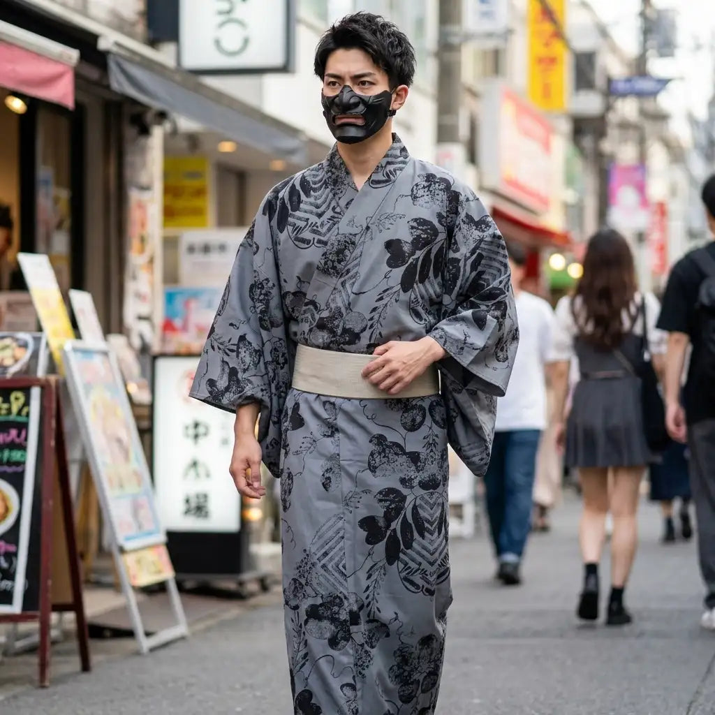 Grau-blauer Yukata für Herren mit dunklen botanischen Zeichnungen