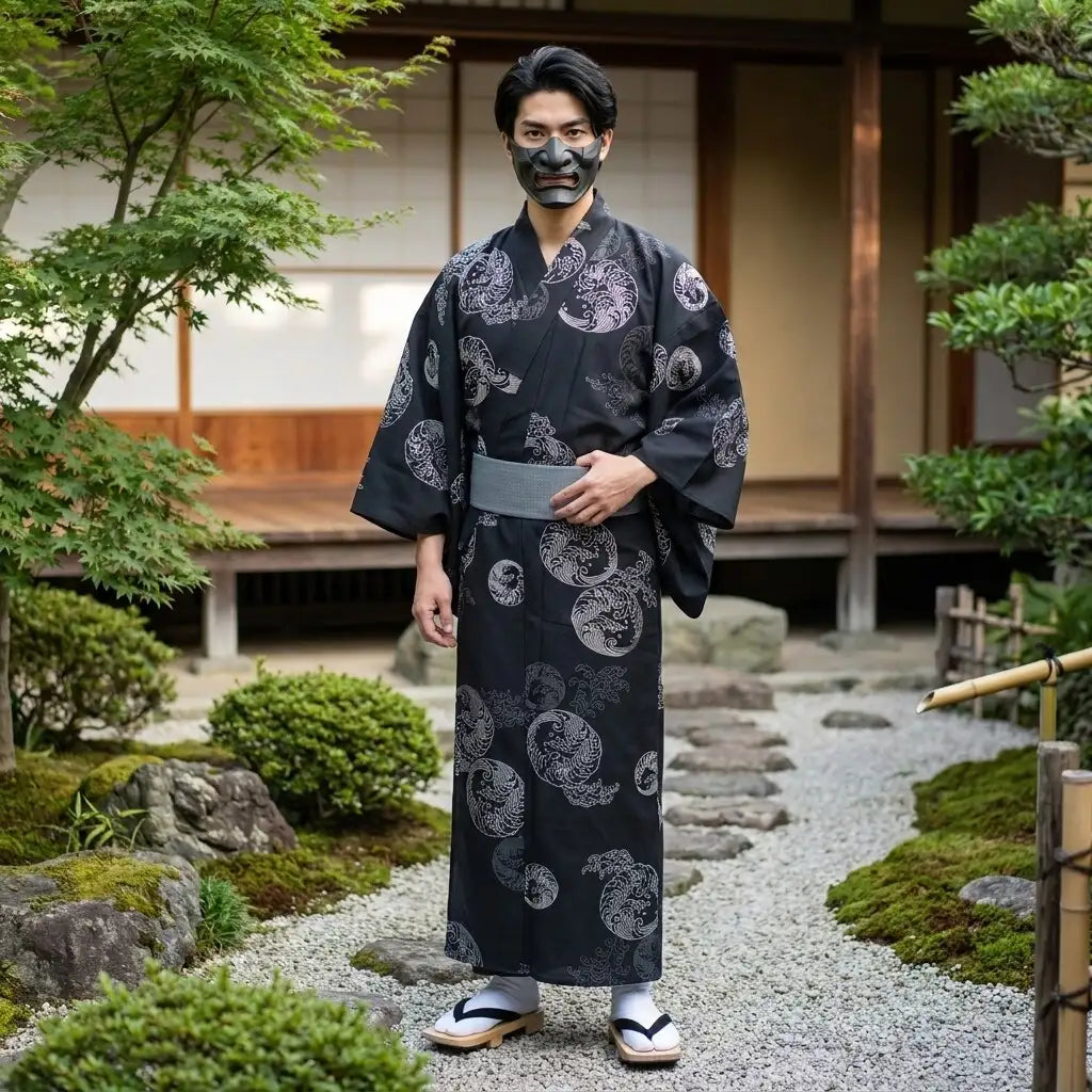 Herren Yukata mit dunklem Muster Detailansicht der Ärmel