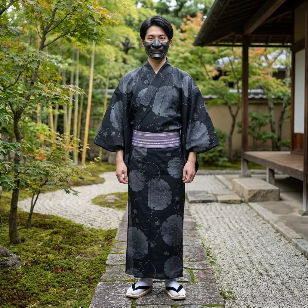 Yukata Kimono Herren mit weiten Ärmeln und offenem Schnitt