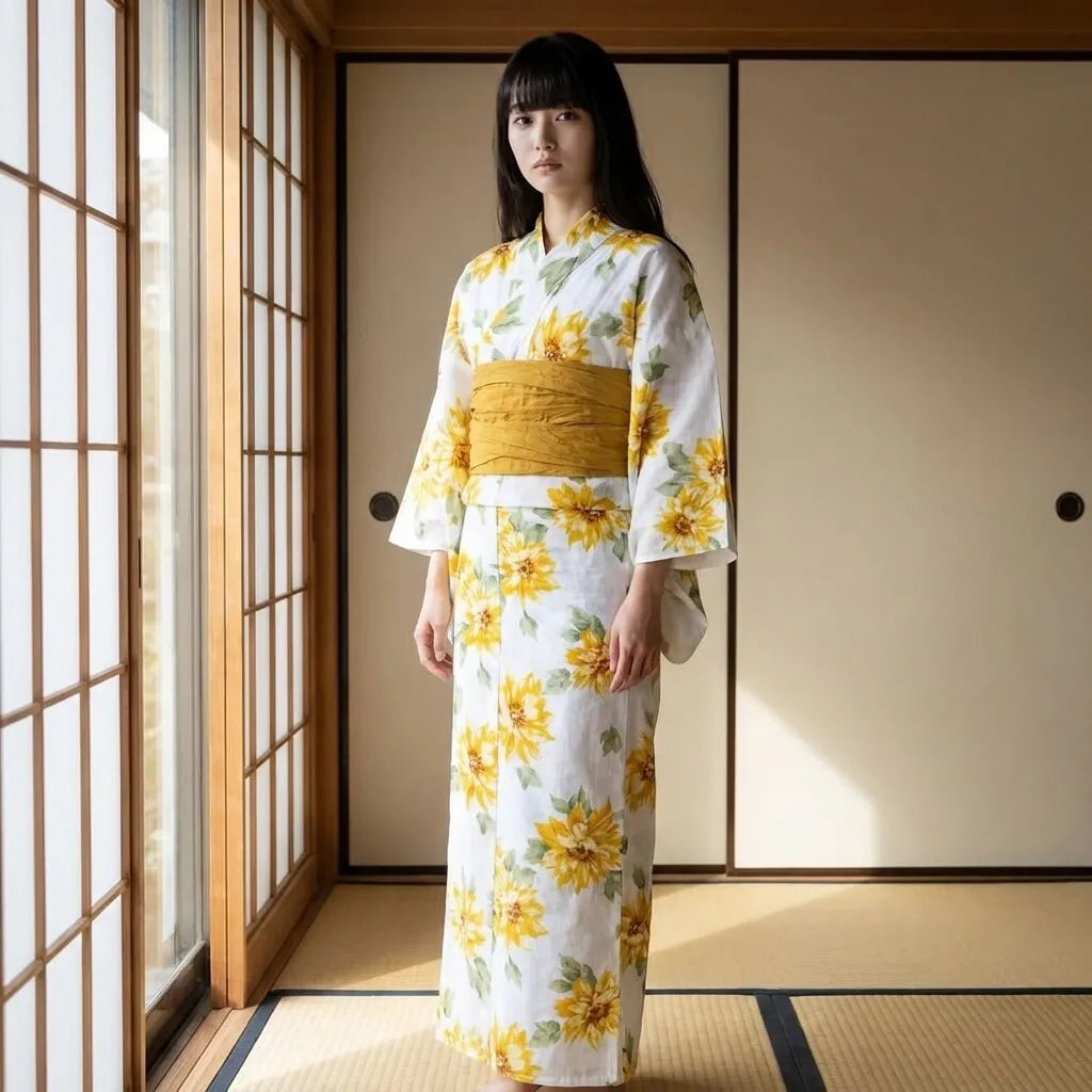 Gelbes Yukata Kleid mit großem Himawari Sonnenblumenprint auf hellem Stoff