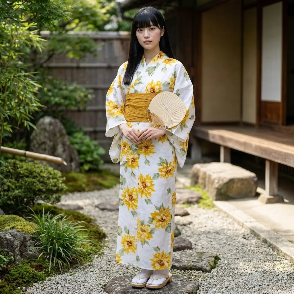 Rückansicht des gelben Sommer-Yukata-Kleids mit Wickelschnitt und Sonnenblumenmuster