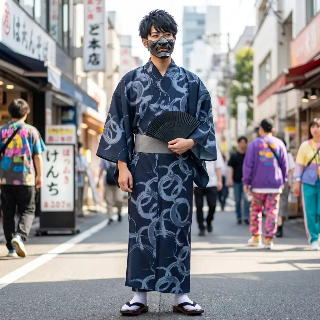 Detailansicht des marineblauen Yukata Stoffs für Herren
