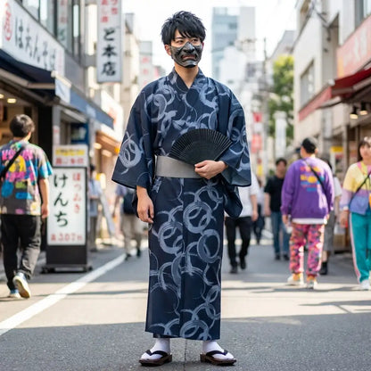 Detailansicht des marineblauen Yukata Stoffs für Herren