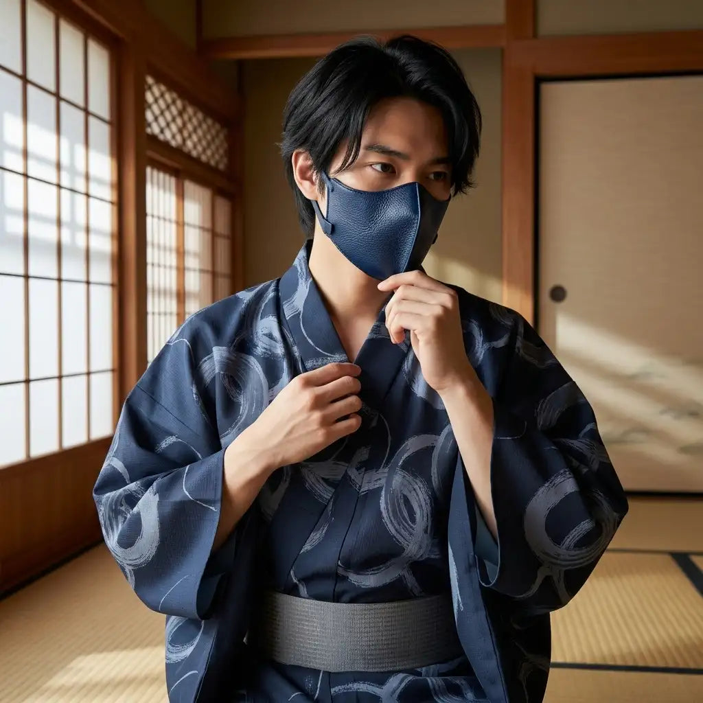 Herren-Yukata in Marineblau mit weiten Ärmeln von vorne